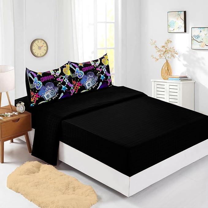 Colorful Guitar Comforter 7Pcs Musical Note Headphone Radio Star Bedding Set for Kid Teen Girl Boy Adult Cartoon Rock Music Quilt Bed Set Full with 2 Sheets,2 Pillowcases,2 Throw Pillow Covers
