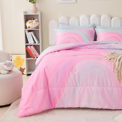 Wajade Girls Pink Comforter Set Bed in A Bag Twin Size 7 Piece 3D Colorful Tie Dye Pink Rainbow Bedding Set for Teens Girls (1 Comforter, 1 Flat Sheet, 1 Fitted Sheet, 2 Pillowcase and 2 Pillow Sham)