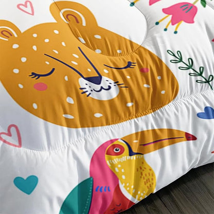 Kids Cute Cat Comforter Set Twin Size 3Pcs Cartoon Pet Rainbow Giraffe Fishing Bedding Set Lovely Animal Parrot Flower Quilt Bed Set for Children Girls Boys Room Decor