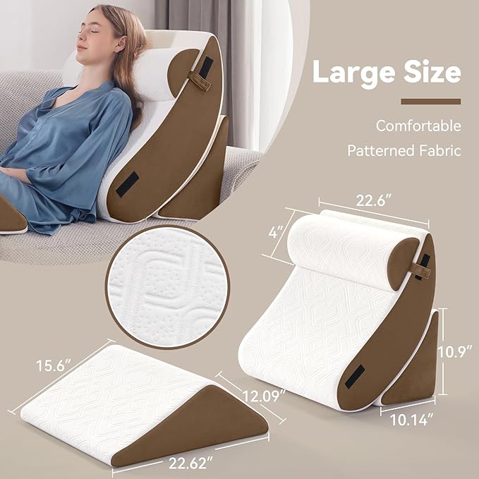 Wedge Pillow Set for After Surgery, 4 PCS Bed Wedge Pillow for Sleeping, Memory Foam Orthopedic Back Pillow for Pain Relief and Acid Reflux, Adjustable Post Surgery Pillow Brown