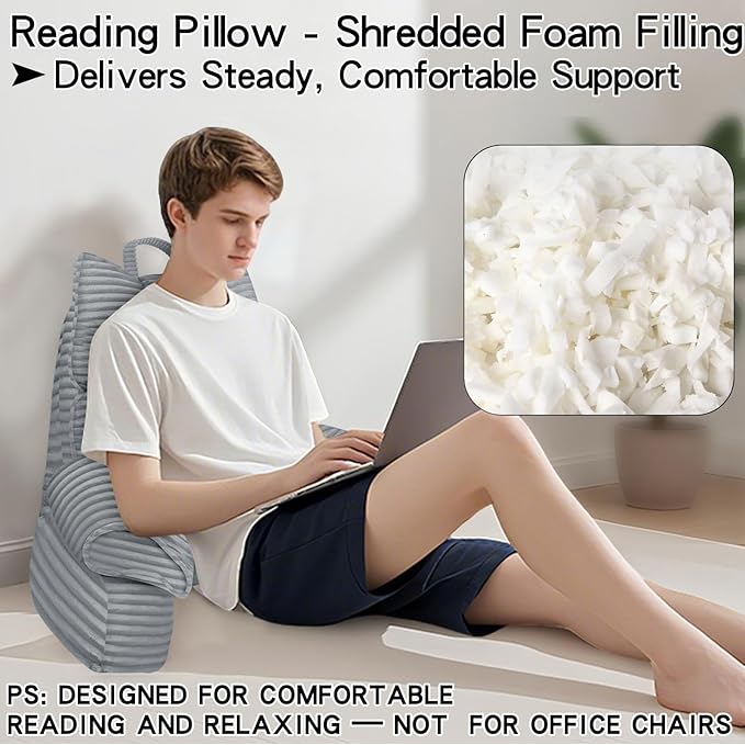RRPAHWTV Reading Pillow for Bed with High Arm Rests,Back Support Pillow for Sitting Up in Bed with Shredded Memory Foam for Reading, TV, Gaming or Relaxing on Floor（Smoke Gray, Large）