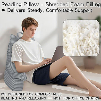 RRPAHWTV Reading Pillow for Bed with High Arm Rests,Back Support Pillow for Sitting Up in Bed with Shredded Memory Foam for Reading, TV, Gaming or Relaxing on Floor（Smoke Gray, Large）
