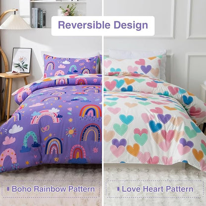 Holawakaka Boho Rainbow Twin Comforter Set with Sheets, 5-Piece Bohemian Love Heart Star Bedding Set for Girls & Women -Super Soft Microfiber Kids Teen-girls Twin Size Lavender Reversible Bed-in-a-Bag