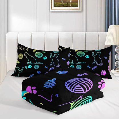 Black Cat Bedding Cartoon Cat Comforter Set Full,Neon Cat Paw Ball of Yarn Printed Kids Bedding for Cat Lover Boys Girls Adults Room Decor,Kids Comforter,1 Quilt 2 Pillow Cases,Neon Color Purple Blue