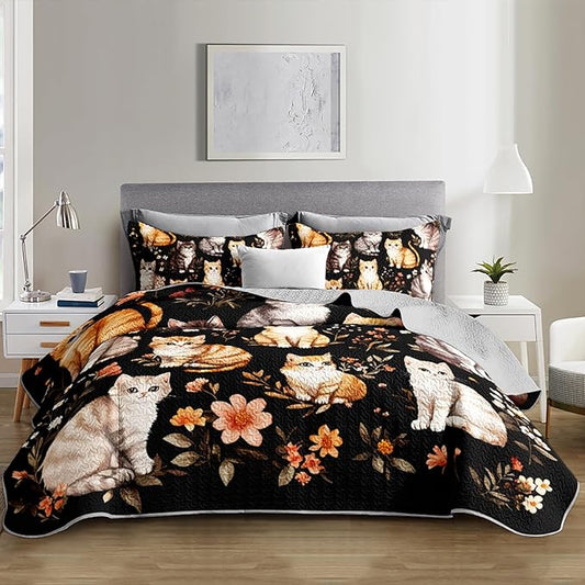 Kawaii Cat Quilt Set,Orange Grey Cat Pattern Bed Set for Toddler Kids Girls Room Decor,Colorful Flowers Printed Bedding Full Quilted Sets with 2 Pillowcases.
