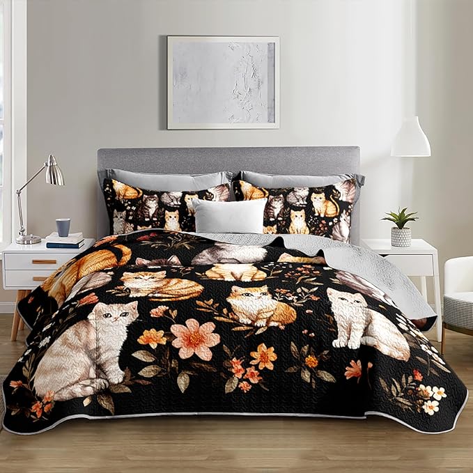Kawaii Cat Quilt Set,Orange Grey Cat Pattern Bed Set for Toddler Kids Girls Room Decor,Colorful Flowers Printed Bedding Queen Quilted Sets with 2 Pillowcases.