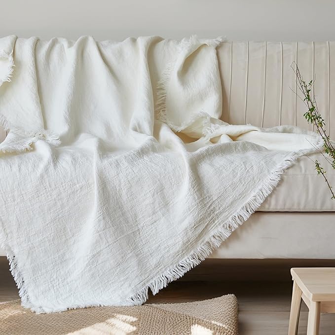 Simple&Opulence 100% Linen Throw Blanket 55x75 inches, Farmhouse Boho Tassel Blanket for Couch, Bed, Sofa, Breathable Natural Cozy Décor, White ﻿