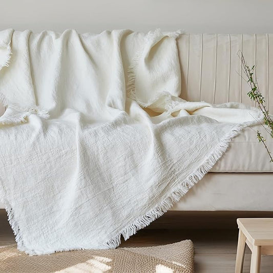 Simple&Opulence 100% Linen Throw Blanket 55x75 inches, Farmhouse Boho Tassel Blanket for Couch, Bed, Sofa, Breathable Natural Cozy Décor, White ﻿