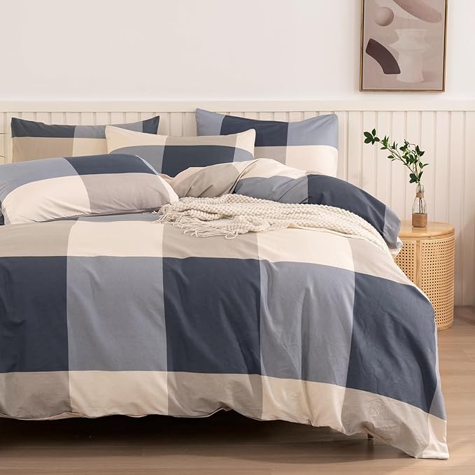 Jane yre King Duvet Cover Set Plaid 100% Brushed Microfiber Reversible 3 Pieces Bedding Set Vintage Style Checkered Pattern Geometric Duvet Cover King with Zipper Closure Luxury Soft Breathable Comfy