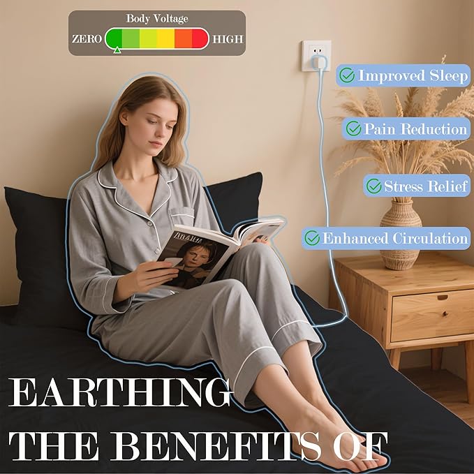 Ali King Grounding Sheets - Twin XL Size, Soft Cotton with Silver Fiber, 15'' Deep Pocket Earth Grounding Fitted Bed Sheets for Improved Sleep (Black, Twin XL 39''*80''*15'')