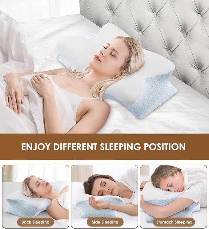 Cervical Memory Foam Pillow for Neck and Shoulder, Ergonomic Contour Cervical Pillow for Sleeping with 2 Heights, Cooling Neck Support Pillows for Side Back Stomach Sleeper Blue