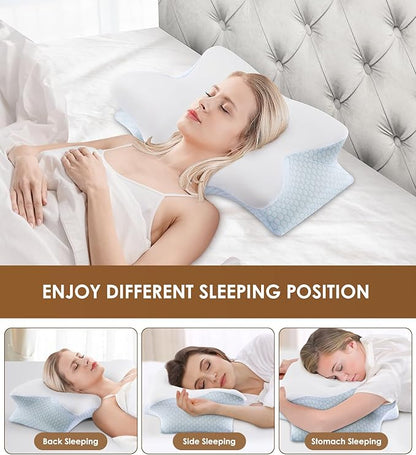 Cervical Memory Foam Pillow for Neck and Shoulder, Ergonomic Contour Cervical Pillow for Sleeping with 2 Heights, Cooling Neck Support Pillows for Side Back Stomach Sleeper Blue