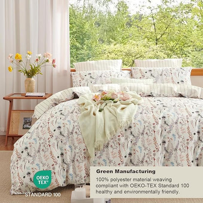 Floral Duvet Cover Queen 3 Pieces Aesthetic Reversible Striped Bedding Set Farmhouse Botanical Flowers Design Soft Washed Microfibre,1 Beige Duvet Cover with 2 Pillowcases