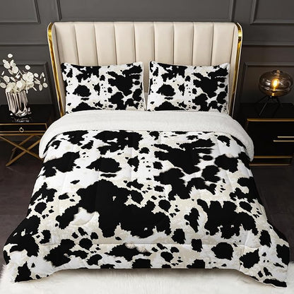 QOOMO Cow Stripes Sherpa Fleece Bedding Comforter Set Full Size 3 Pcs, Fluffy Warm Animal Texture Printing Comforter for Winter with 2 Pillow Shams, Flannel Thick Bedding Set