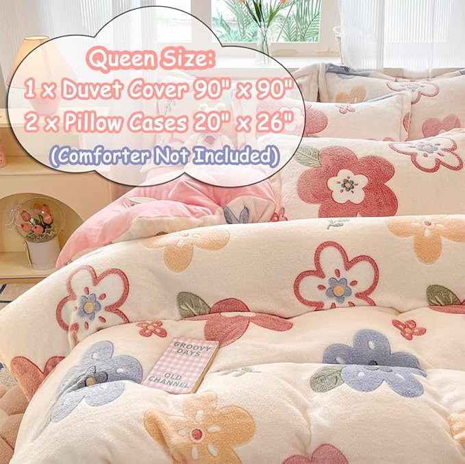 Pink Duvet Cover Queen, Floral Bedding Sets, Ultra Soft Fluffy Comforter Covers Kawaii Cute Bedding Sets for Girl Kids (Flower, Queen)