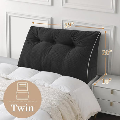 Sasttie Headboard Pillow Twin/Twin XL, Wedge Pillow Headboard for Dorm, Triangular Daybed Backrest Cushion for Sitting or Reading in Bed, with Removable Washable Cover, Black