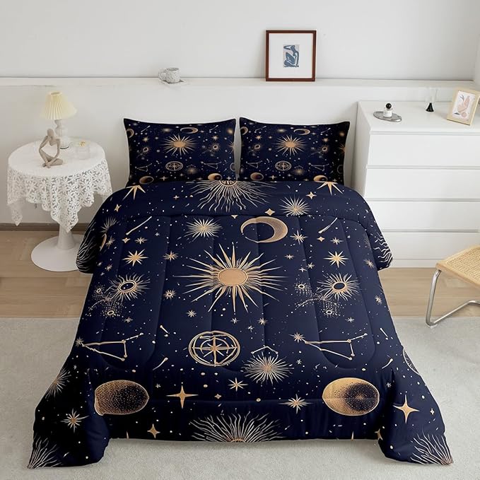 Feelyou Stars Print Comforter Set for Girls Boys Kids Twin Size Bohemia Comforter Room Decor Moon Bedding Set Medium Blue Duvet Set