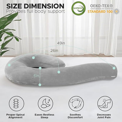 Body Pillow for Adults - Soft Long Bed Pillows Insert for Sleeping - Shredded Memory Foam and Removable Washable Cover - Swan Shaped Side Sleeper Pregnancy Pillow 49 Inch (Grey)