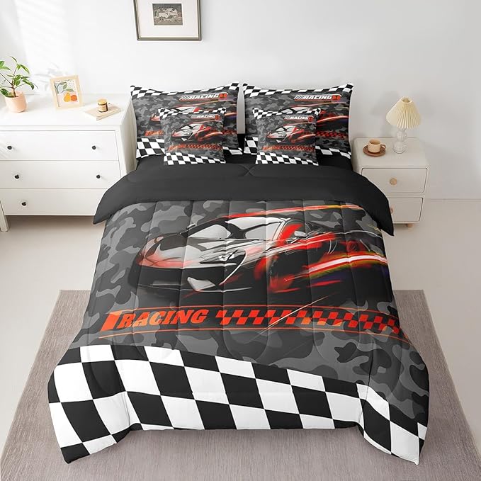 Feelyou Red Racing Car 7 Piece Bedding Set King Size Kids Boys Speed Race Car Comforter Set with Sheets for Teens Toddler Extreme Sports Bed in a Bag Camouflage Bed Set