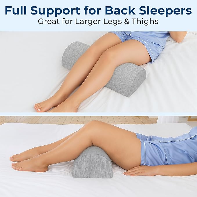 5 STARS UNITED Knee Pillow for Back Sleeping – Cooling Cover - Memory Foam Cushion for Sciatica Pain Relief – Under Leg Support for Sleeping on Back – Large Half Moon Bolster for Bed, Arctic Gray