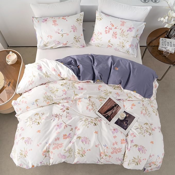 Queen Floral Duvet Cover 100% Soft Cotton 3 Pieces Flower Bedding Set for Girls Women Chic Garden Style Luxury Purple Floral Pattern Printed Floral Queen Duvet Cover with Zipper Closure