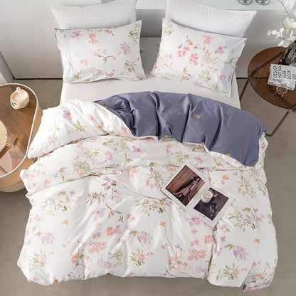 Floral King Duvet Covers 100% Soft Cotton 3 Pieces Flower Bedding Set for Girls Women Chic Garden Style Luxury Purple Floral Pattern Printed King Floral Duvet Cover with Zipper Closure
