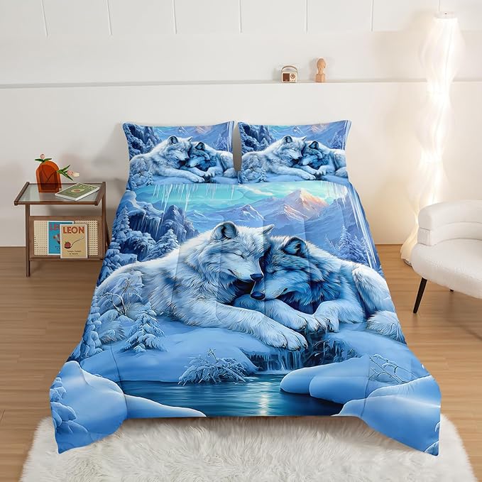 HOSIMA Twin Size Comforter for Kids,Wolves Snuggling up Together in Cave,Snow Mountains Pattern Animal Bedding for Girls Boys Room Decor,Lightweight Fluffy Wolf Comforter with 2 Pillowcases.