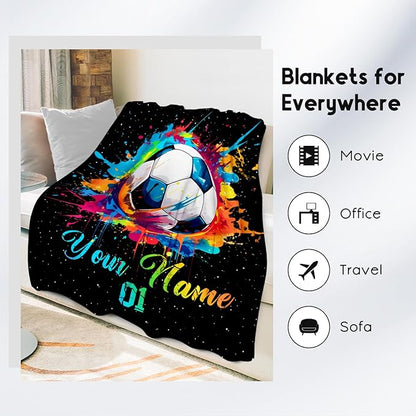 Personalized Soccer Gifts for Boys, Custom Soccer Blanket Gift for Sport Lovers, Flannel Throw Blankets for Kids Girls Teens, Sports Decorations for Room Team Player (Colorful, 50x60 Inch)