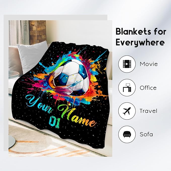 Personalized Soccer Gifts for Boys, Custom Soccer Blanket Gift for Sport Lovers, Flannel Throw Blankets for Kids Girls Teens, Sports Decorations for Room Team Player (Colorful, 60x80 Inch)