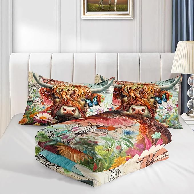 Cow Bedding Funny Animal Themed Comforter 3Pcs Twin Colorful Flower Cattle Print Comforter Set for Kids Teens Girls Boys Butterfly Bedroom Bed Decor with 1 Comforter and 2 Pillowcases
