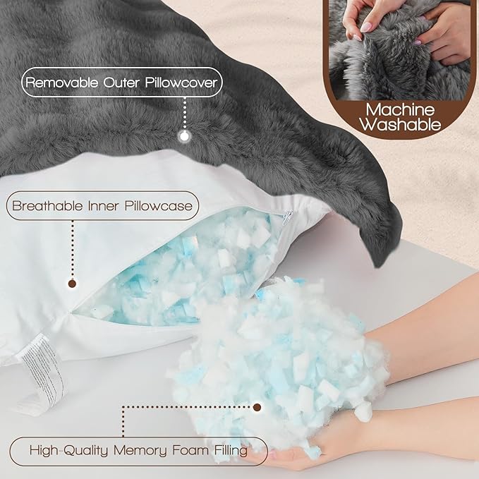 YZ HOME Faux Fur Fluffy Body Pillow for Adults - Firm Body Pillow Insert with Shredded Blue Memory Foam, Adjustable Height, Soft Support for Side Sleepers, Pregnant Women, Washable, 20x54 Inch (Grey)