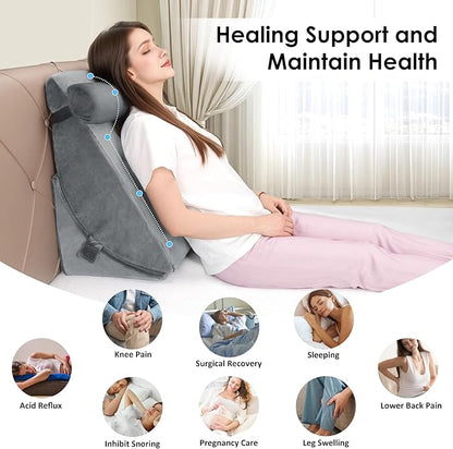 Bed Wedge Pillow Set for Post Surgery, 3PCS Wedge Pillow for Acid Reflux Relief, Adjustable 7 &12 inch for Sleeping, Headboard, Back Pain Relief, Back Pillow for Bed Sitting Up, Grey