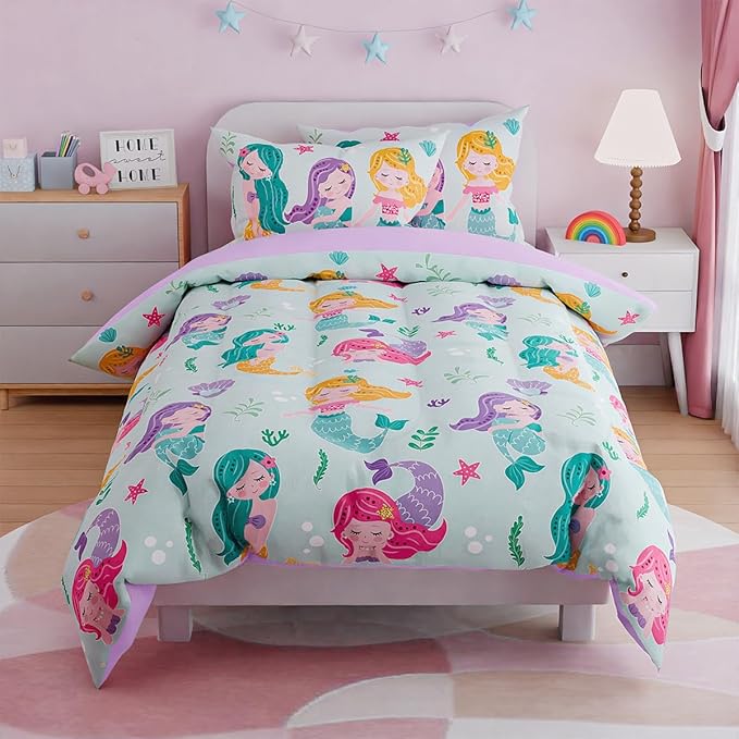 SANDJEST Mermaid Bedding Full for Girls, Ultra Soft Microfiber Comforter Set Full Size with 4-Pieces, Comforters Bed Sets for Kid Children Teen Tween Bedroom Decor