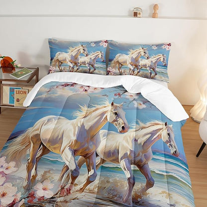 Western Farmhouse Horse Comforter Set,Pink Cherry Blossoms Bedding Sets for Kids Teens Girls Room Decoration,Coastal Beach Theme Bedding King Size Comforter Sets for Girls with 2 Pillowcases.