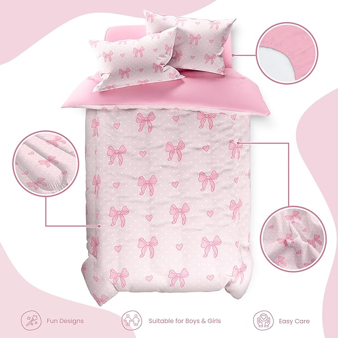 SANDJEST Bow Comforter Set Twin Size 68x86in for Kids Girls, Microfiber 3 Pcs Bedding Set Includes 1 Comforter, 1 Pillowcase, 1 Fitted Sheet, Nursery Room Decor