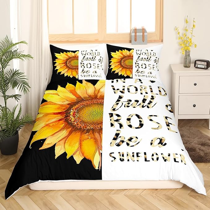 Castle Fairy Watercolor Sunflowers Comforter Covet Full Size,Yellow Floral Theme Duvet Cover with 2 Pillowcases,Leopard Art Word Print Polyester Bedding Set for Boys Teens Bedroom Decor