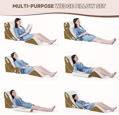 Yojoker 4PCS Orthopedic Bed Wedge Pillow Set for Sleeping, Post Surgery Foam Pillow for Body, Back and Leg Pain Relief, Triangle Adjustable Support Pillow - Acid Reflux Sleeping Pillows Brown