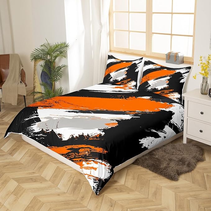 Hipple Graffiti Duvet Cover Set King Size,Abstract Street Art Comforter Cover with 2 Pillowcases,3 Piece,Black White Orange Bedding Set for Adult Young Bedroom Xmas Gift