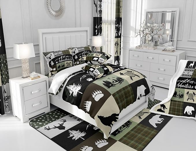 Castle Fairy Rustic Farmhouse Duvet Cover Queen Size,Bear Deer Wolf Wild Animals Patchwork Duvet Cover Set for Children,Cabin Decor Exotic Aztec Boho Soft Comforter Cover for Dorm Room, Zipper, Ties