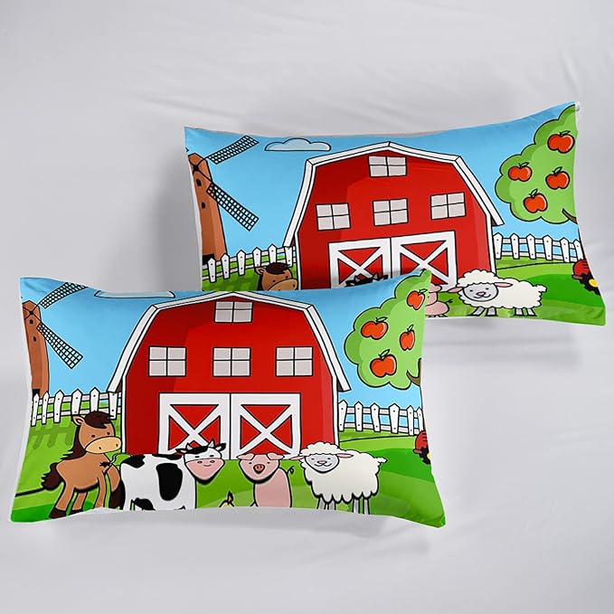 QOOMO Farm Animals Comforter,Farmhouse Comforter Set for Kids Teens Girls Boys,Cartoon Animals 3Pcs Bedding Set Printed Comforter with 2 Pillowcases,Down Alternative,Soft and Lightweight，Twin Size