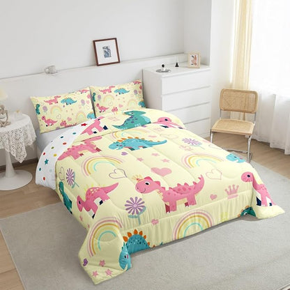 Castle Fairy Kawaii Dino Kids Comforter Set Twin Size,Cute Rainbow Floral Love Heart Reversible Bedding Set for Teens Bedroom,Pink Yellow Dinosaur Lovely Animal Quilted Duvet with 1 Pillowcase