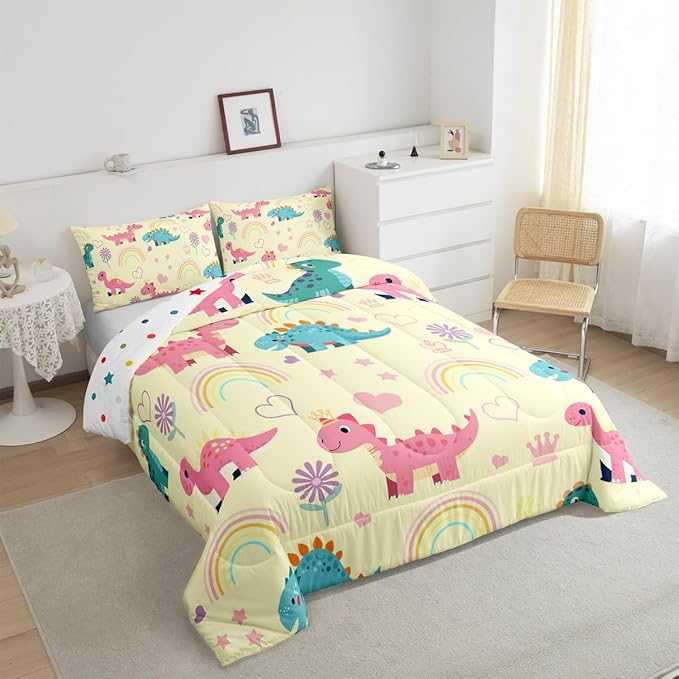 Castle Fairy Kawaii Dino Full Size Comforter Set,Cute Rainbow Floral Love Heart Reversible Bedding Set Bedroom Collection,Pink Yellow Dinosaur Lovely Animal Soft Quilted Duvet for Girls Teens