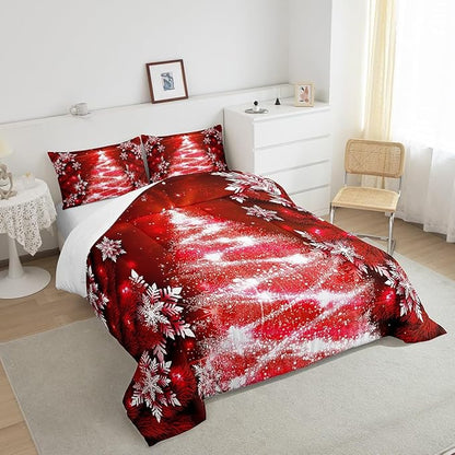 Feelyou Christmas Tree Comforter Set for Children Kids Boys Girls Luxury Chic Xmas Theme Bedding Set Glitter Snowflake Star Comforter Microfiber Red Duvet Set Room Decor Quilt Set Toddler Size
