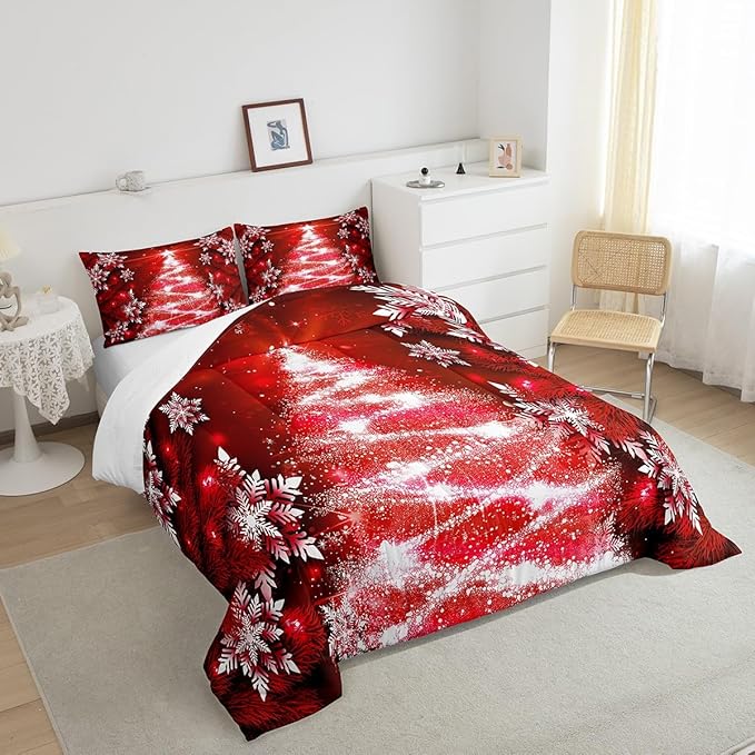 Feelyou Christmas Tree Comforter Set for Children Kids Boys Girls Luxury Chic Xmas Theme Bedding Set Glitter Snowflake Star Comforter Microfiber Red Duvet Set Room Decor Quilt Set Full Size