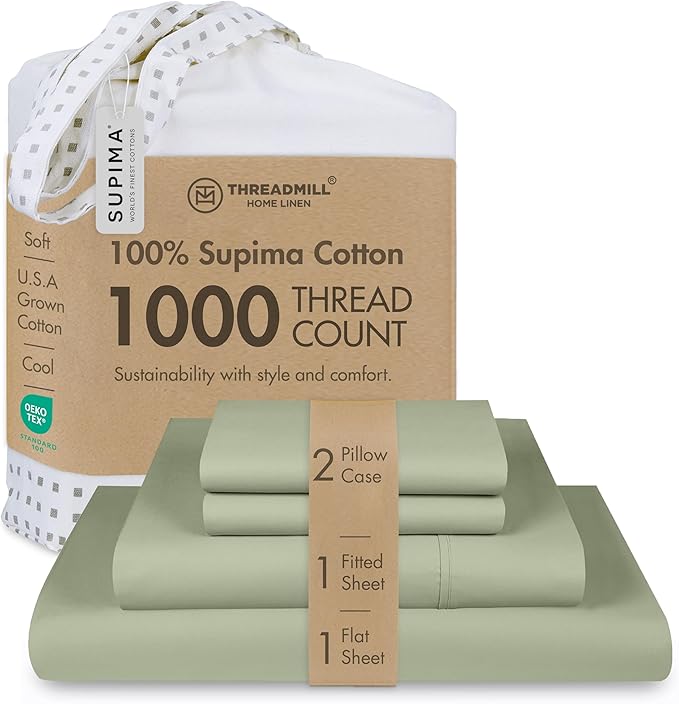 Threadmill Luxury Supima Cotton Sheets, Luxury 1000 Thread Count Soft 100% Cotton Sheets for Full Size Bed, 4 Pc Sage Green Bed Sheets Full Set, 5-Star Hotel Quality Deep Pocket Bed Sheets Set