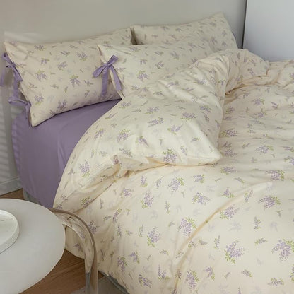 AOJIM Purple Floral Print Duvet Cover Queen Size for Room Decor, Vintage Style Cotton Kids Adults Comforter Cover Set, 1 Soft Quilt Cover 68x86'' and 2 Pillowcases 20x26'' with Bowknot, No Comforter