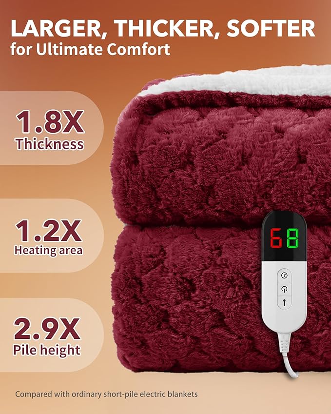 Homemate Heated Blanket Electric Throw - 50"x60" Heating Blanket Throw 1/2/4/6/8 Hours Auto-Off 10 Heat Levels Over-Heat Protection Luxury 800 GSM Faux Fur 200 GSM Sherpa ETL Certification