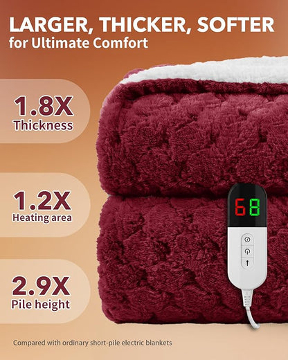 Homemate Heated Blanket Electric Throw - 50"x60" Heating Blanket Throw 1/2/4/6/8 Hours Auto-Off 10 Heat Levels Over-Heat Protection Luxury 800 GSM Faux Fur 200 GSM Sherpa ETL Certification