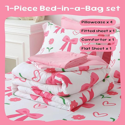 Pink Bow Comforter 7 Pieces Comforter Set Queen Size Pink Flower Bow Comforter for Girls Kids Romantic Princess Style Bow Tie Bedding Set Super Soft All Season