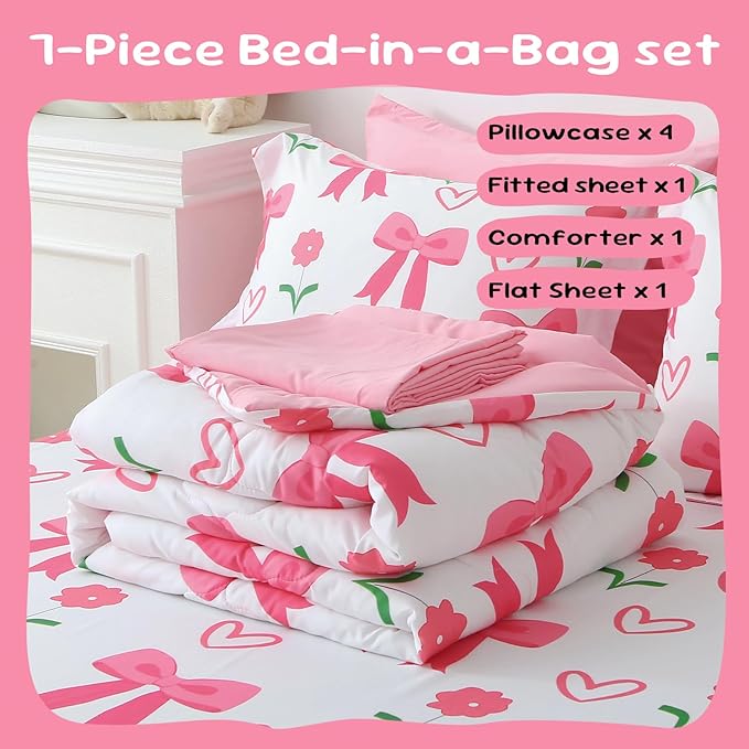 Pink Bow Comforter 7 Pieces Comforter Set Full Size Pink Flower Bow Comforter for Girls Kids Romantic Princess Style Bow Tie Bedding Set Super Soft All Season